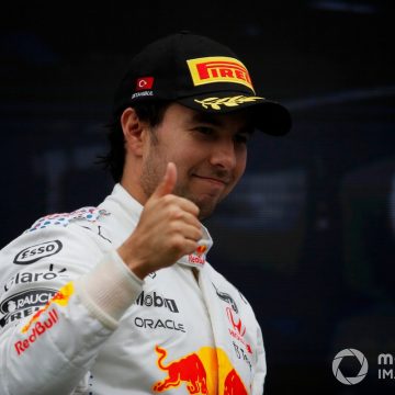Sergio Perez, Red Bull Racing, 3rd position, on the podium
